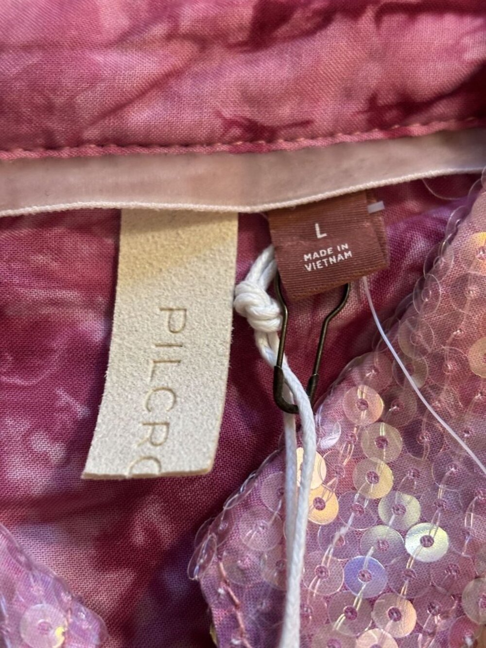 Anthropologie Pilcro Pink Sequin Button-Up Blouse Top Long Sleeves Size Large - Picture 7 of 16